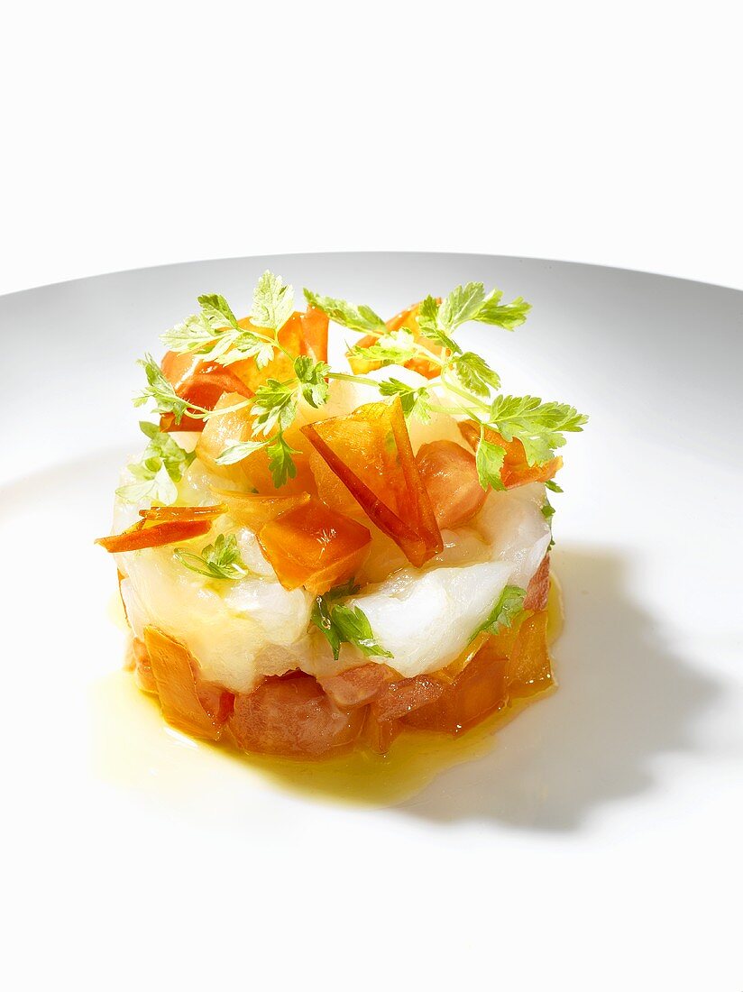 Tomato tartare with white fish and parsley