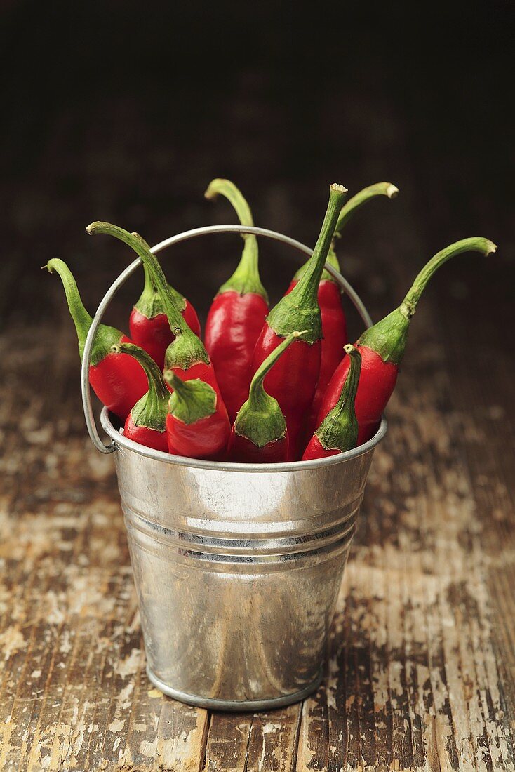 Several red chillies in a metal bucket