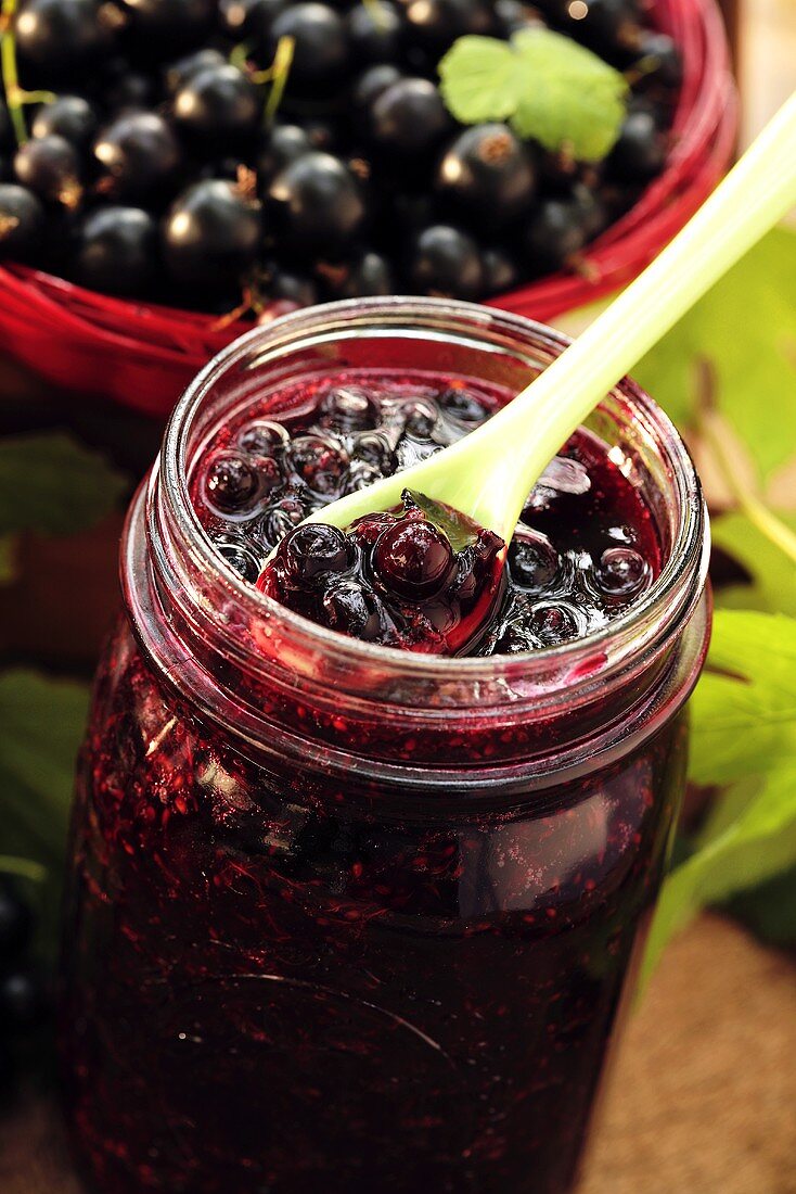 Schwarze Johannisbeermarmelade im Glas