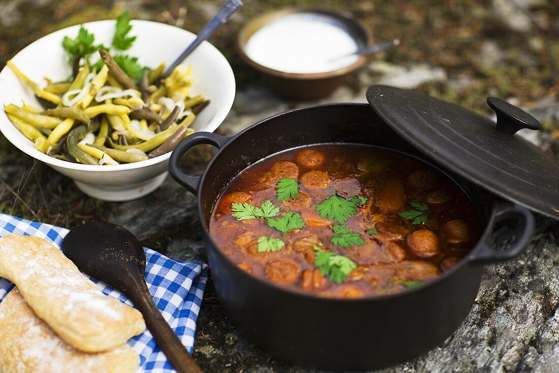 Lamb stew, garlic yoghurt and bean salad