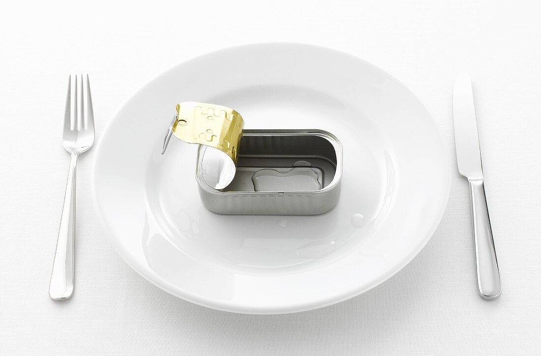 Sardinenbüchse und Öl auf weißem Teller