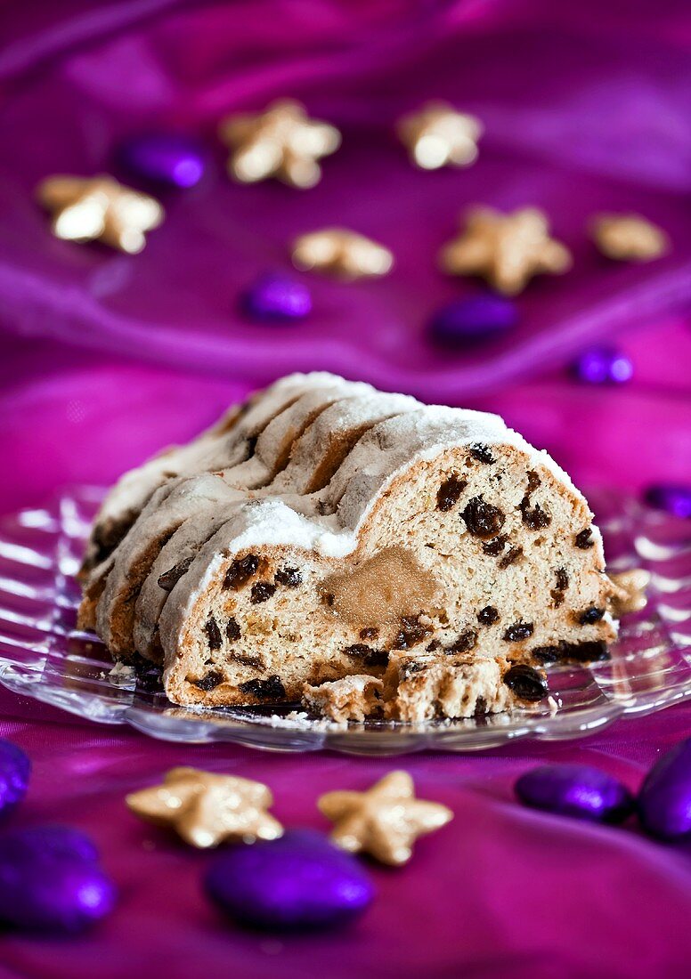 Christmas stollen on glass plate