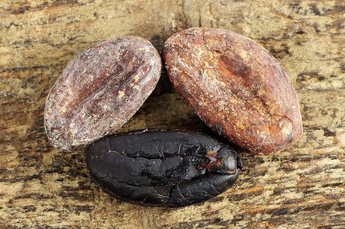 Drei Kakaobohnen auf Holzuntergrund