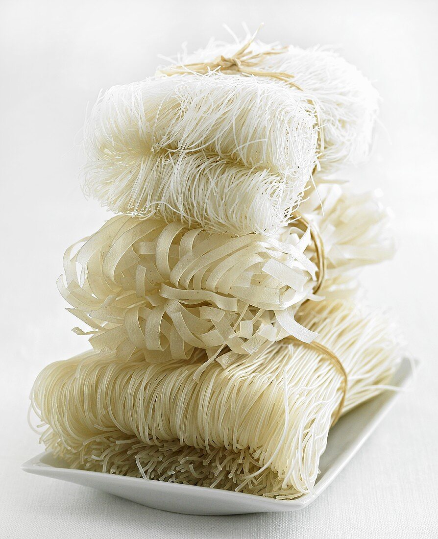 Various types of rice noodles, stacked