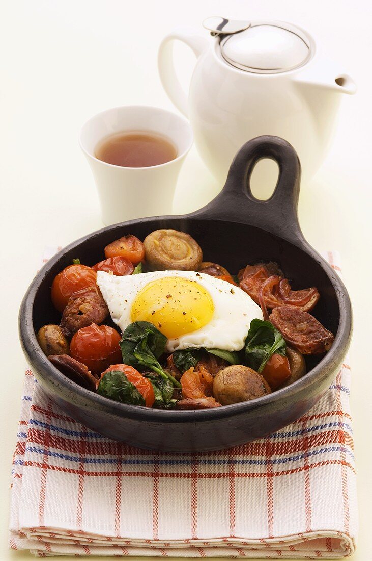 Pan-cooked chorizo, mushrooms, tomatoes and fried egg
