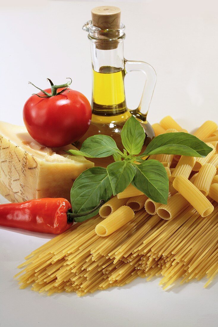 Italian still life with pasta and Parmesan