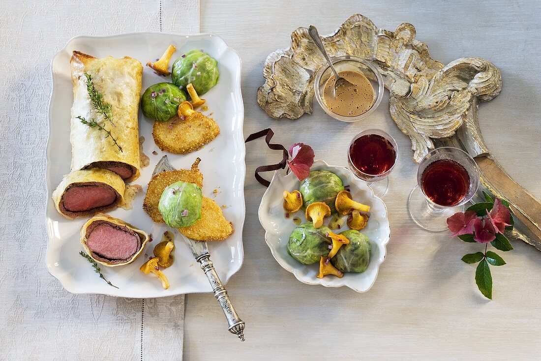 Venison fillet in pastry with Brussels sprouts & chanterelles (Xmas)