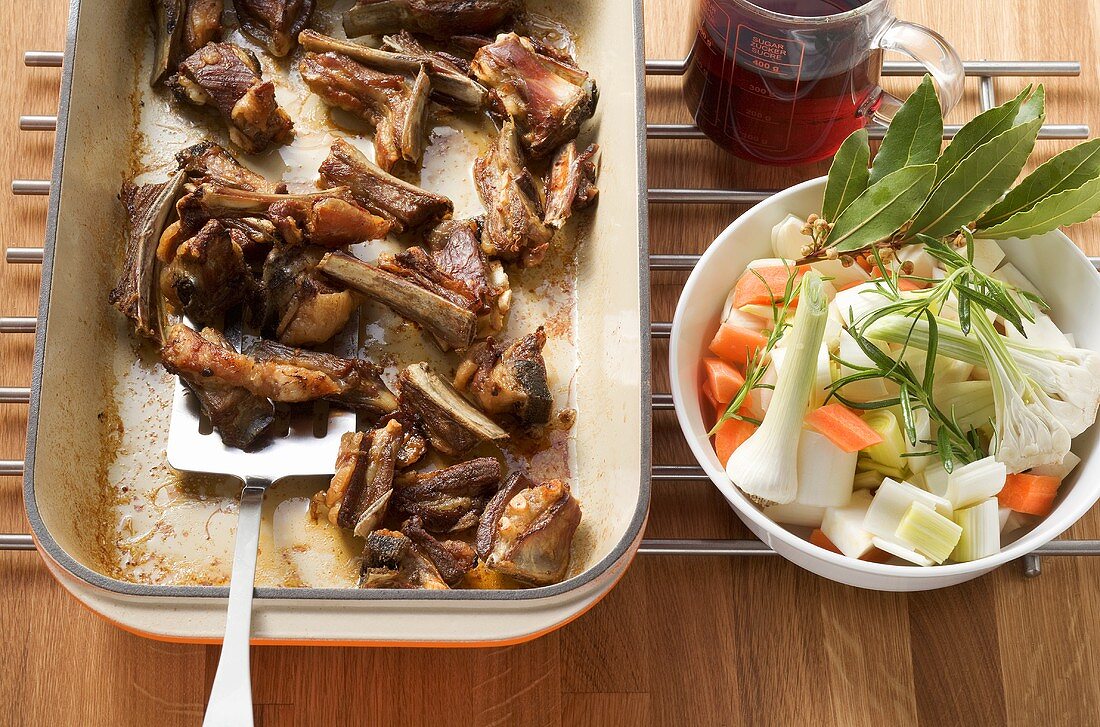 Lamb bones, vegetables and rosemary for rosemary jus