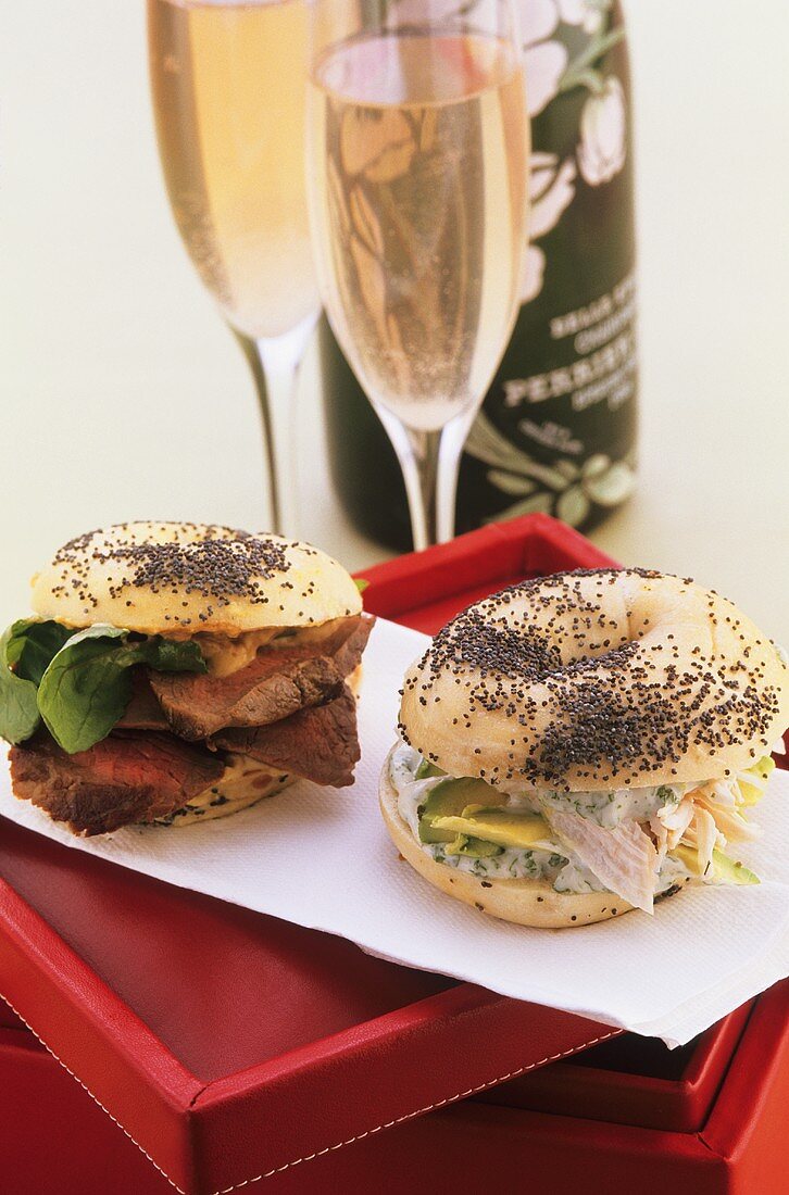 Poppy seed bagels and rosé sparkling wine