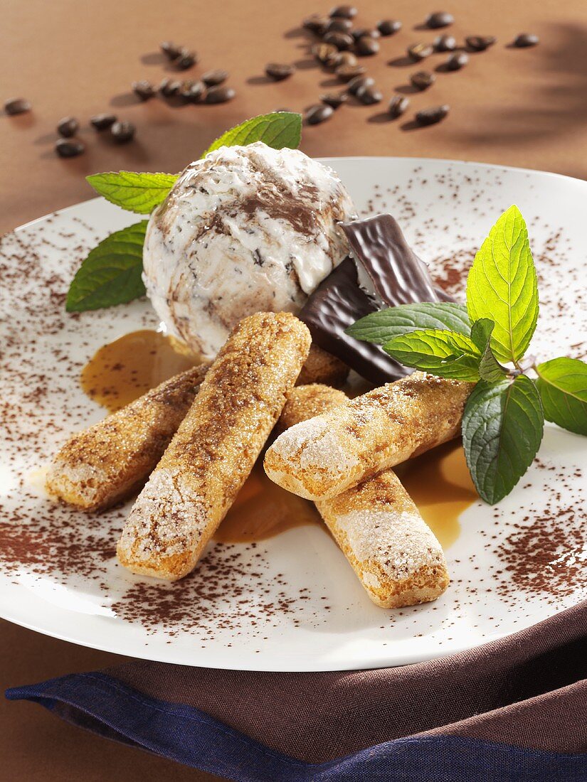 Ice cream tiramisu with thin chocolate mints