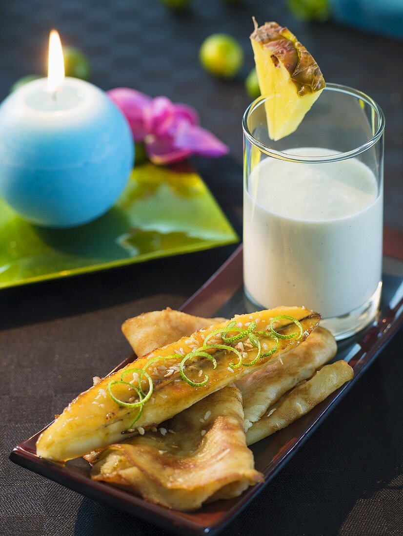 Baked banana with pancakes and pineapple coconut shake