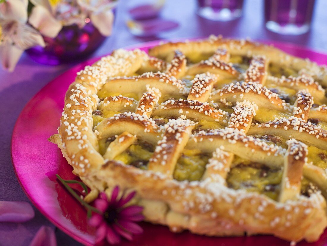 Lattice tart made with yeasted dough, sprinkled with pearl sugar