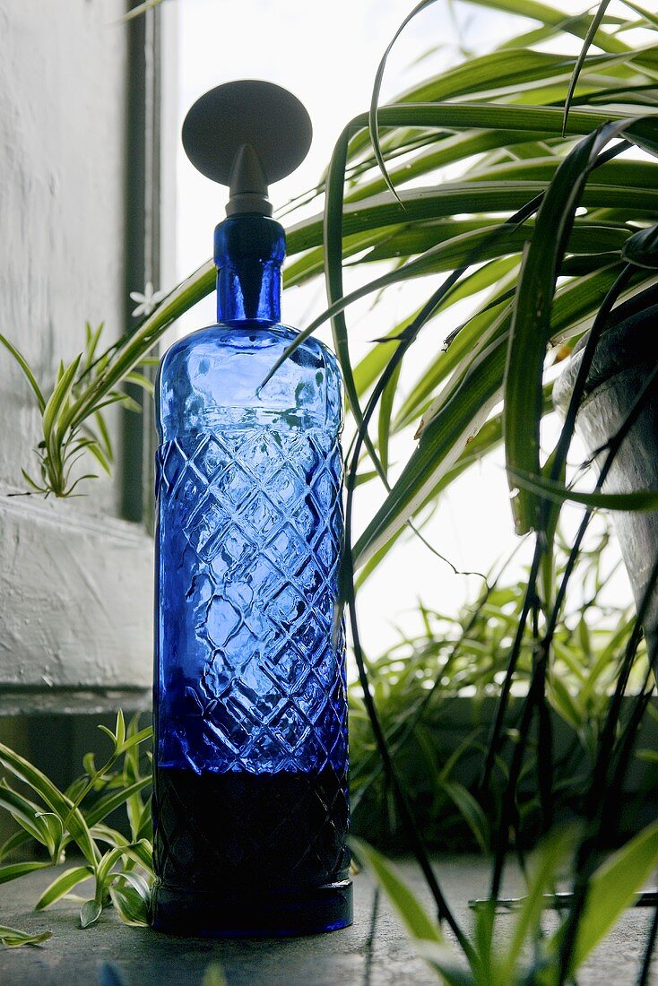 Blue crystal bottle by a window