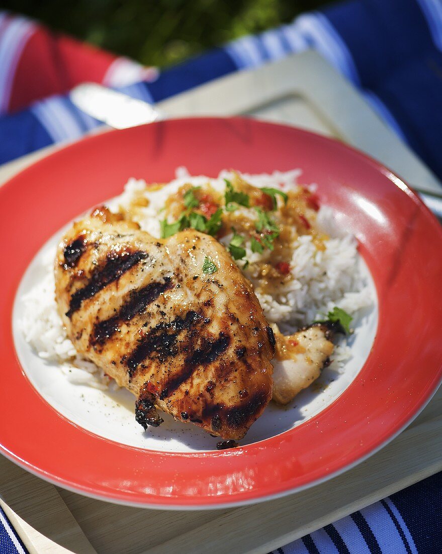 Grilled chicken breast with ginger marinade on rice