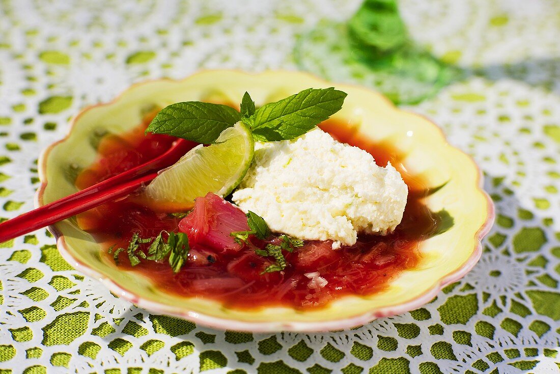 Rhubarb compote with white chocolate mousse