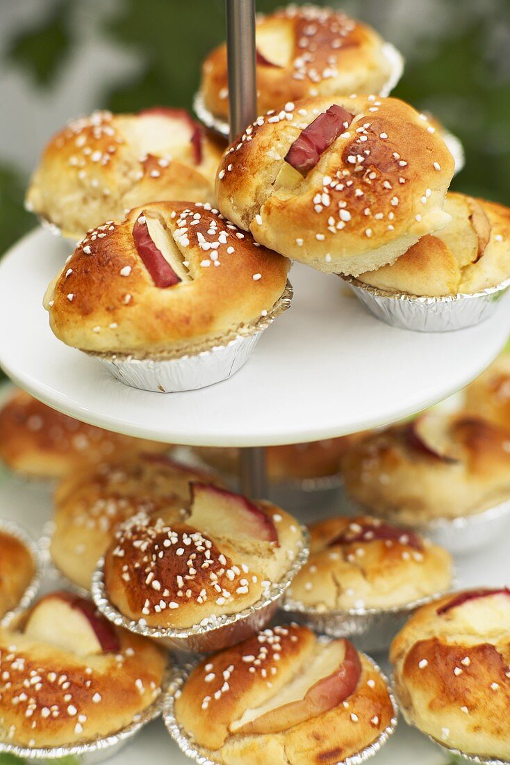 Apple buns (yeasted) on tiered stand