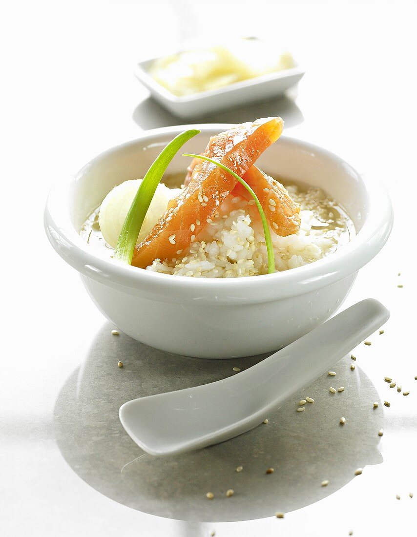 Chazuke (Japanese rice soup) with salmon