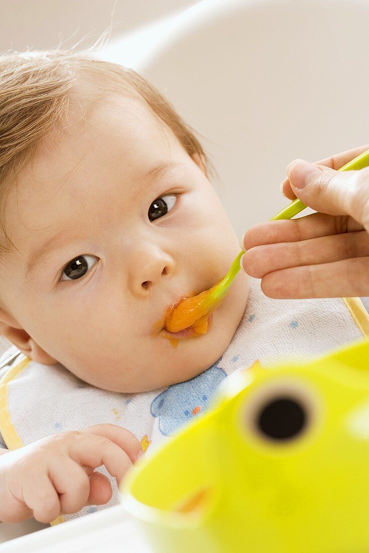 Baby being fed baby food