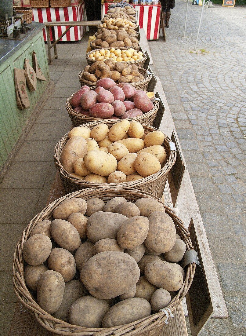 Verschiedene Kartoffelsorten in Körben auf dem Markt