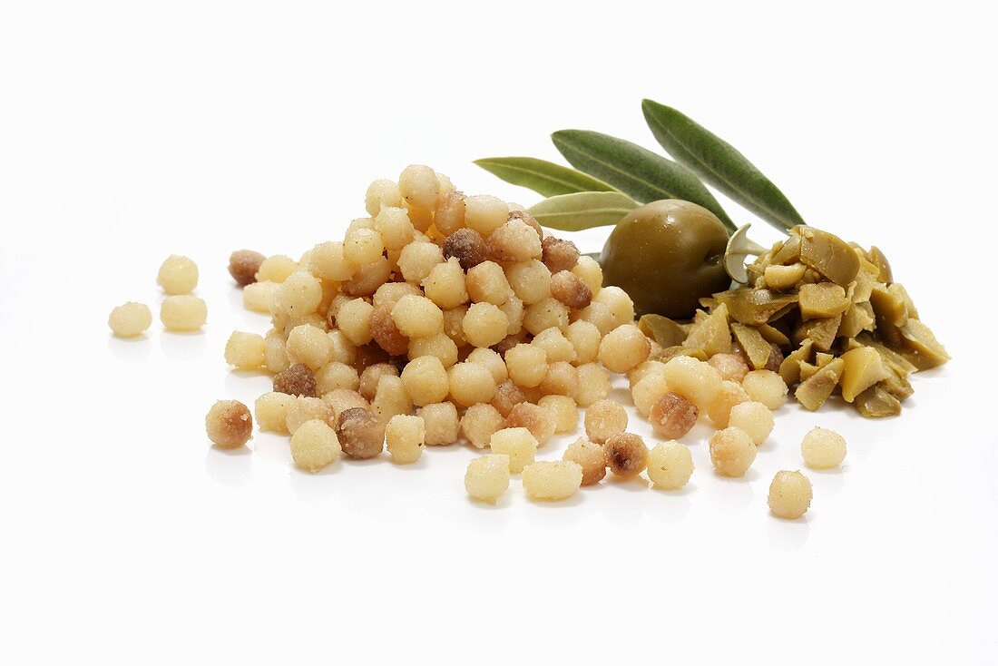 Fregola (Sardinian pasta balls) and olives