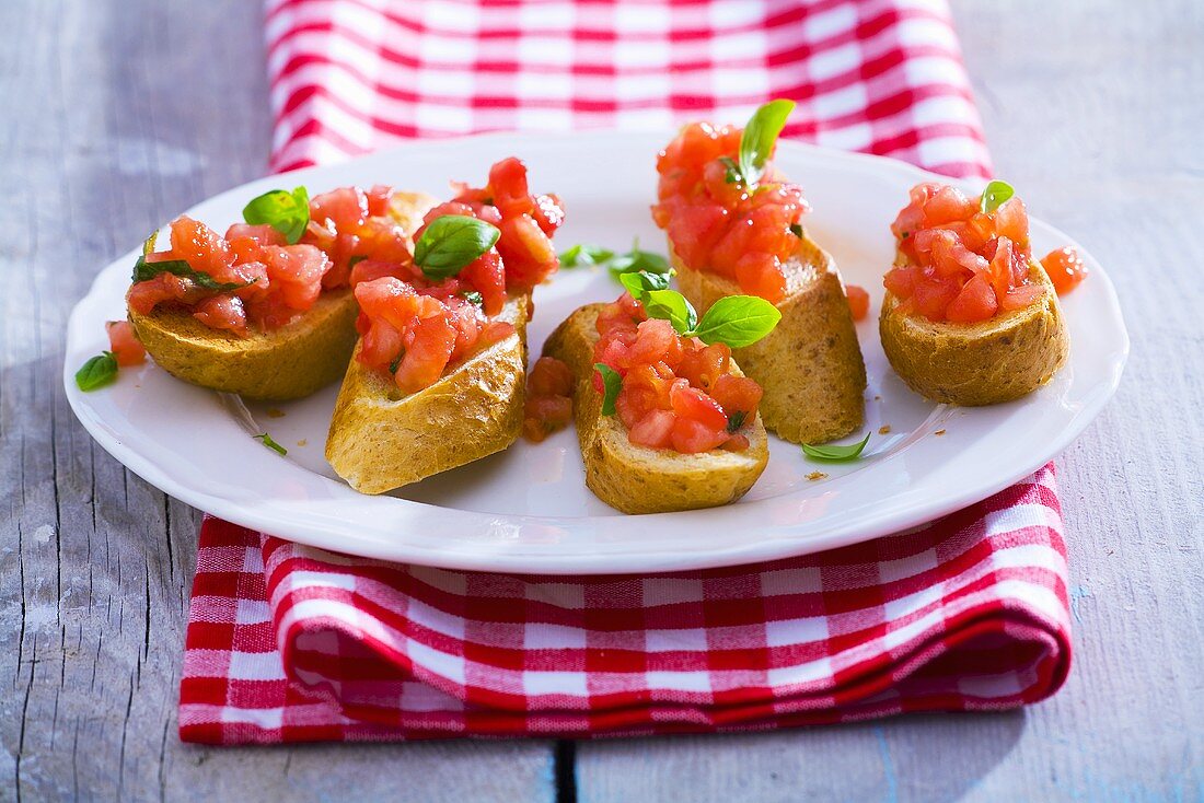 Bruschetta (Tomatoes and basil on toast, Italy)