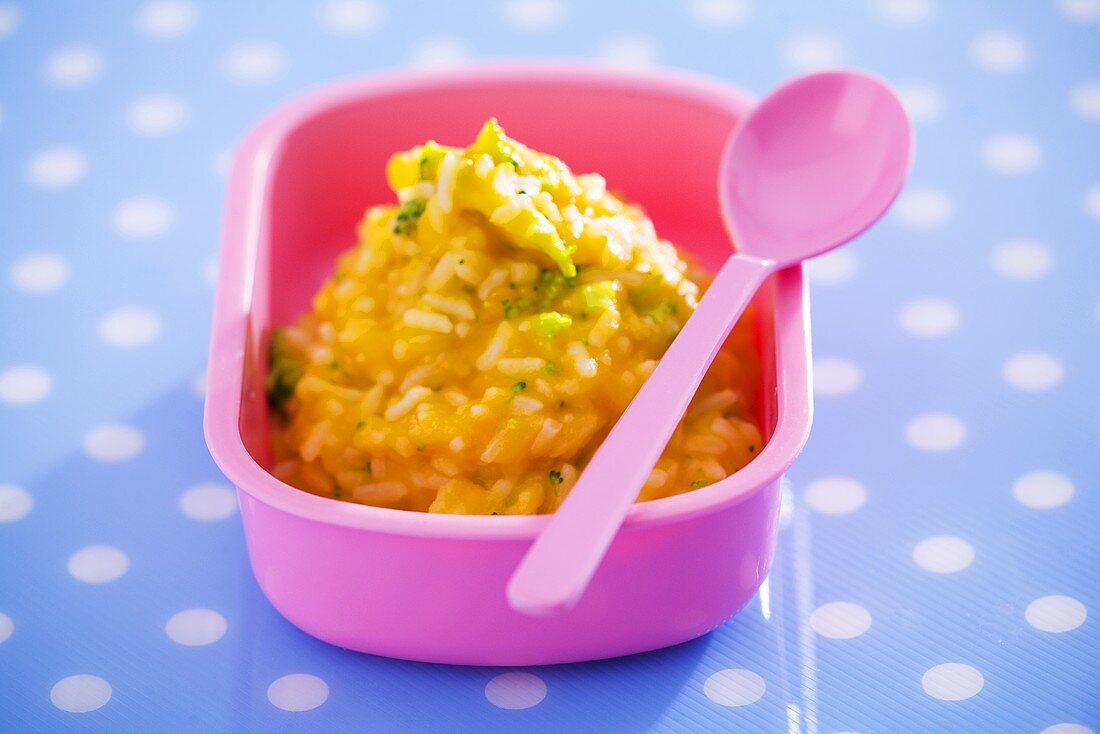 Carrot and broccoli puree with rice (baby food)