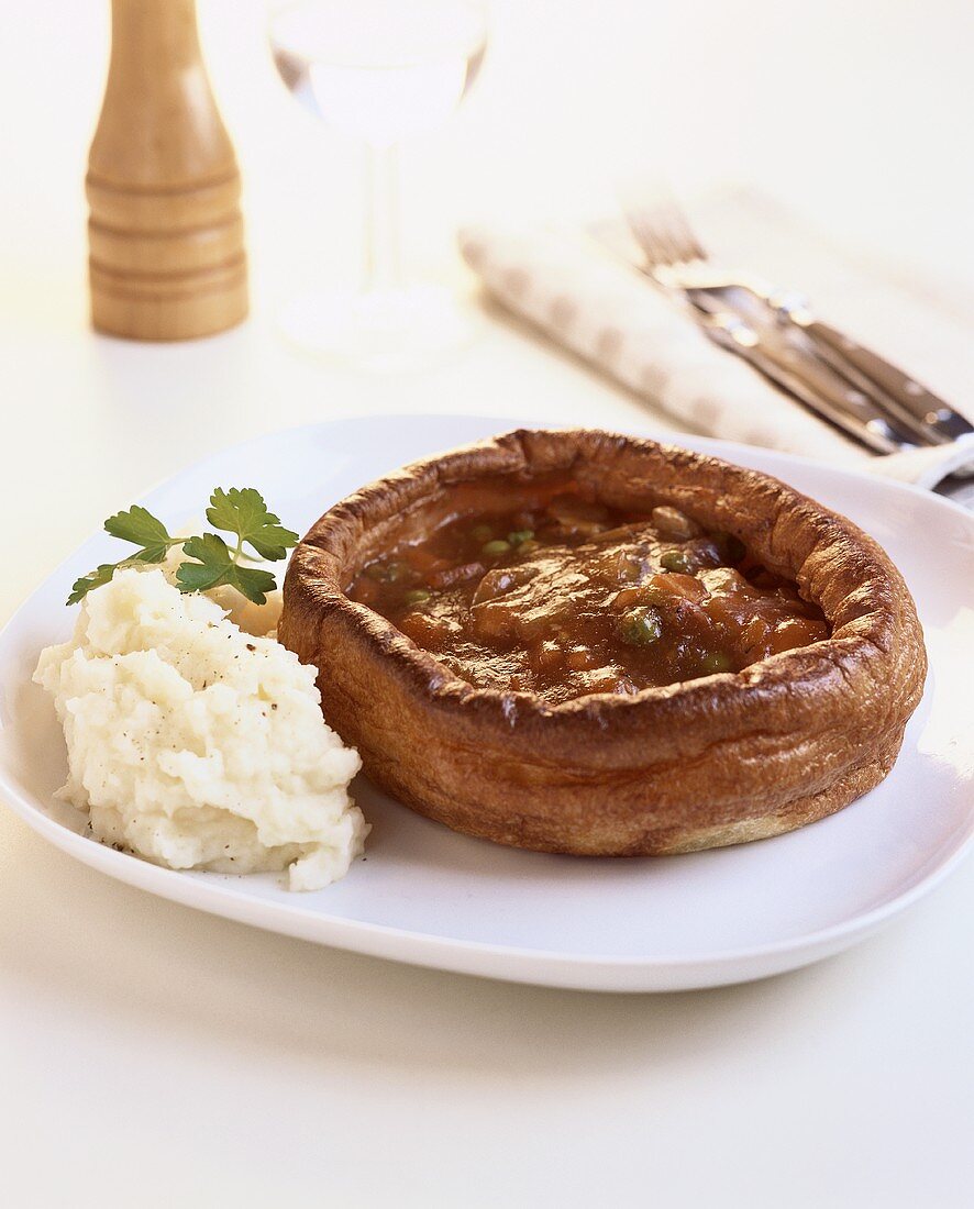 Yorkshire pudding with vegetable gravy and mashed potato