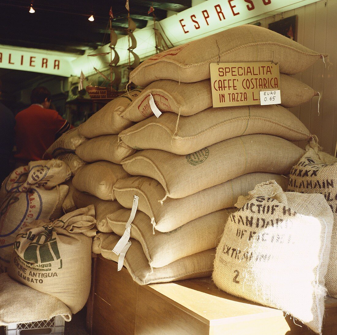 Sacks of coffee beans in the stockroom of a café