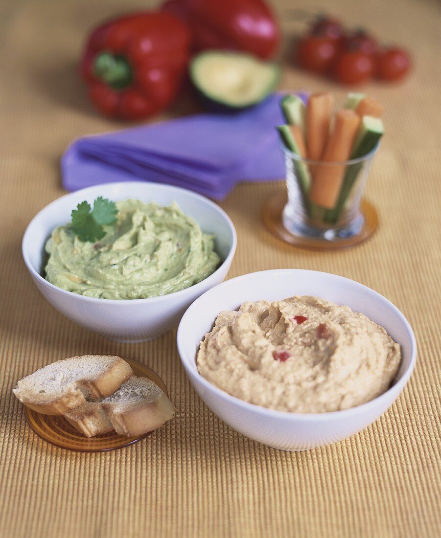 Hummus with red pepper and guacamole