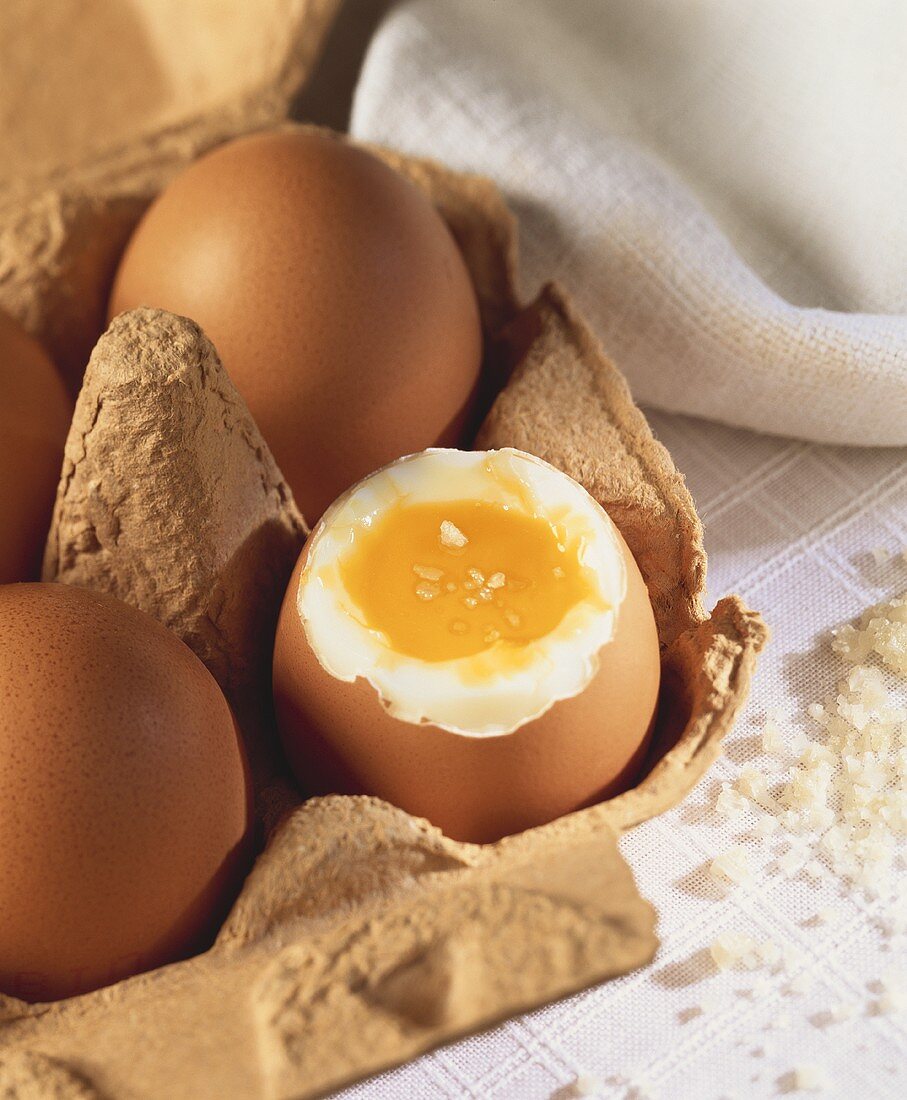 Boiled egg in an egg box