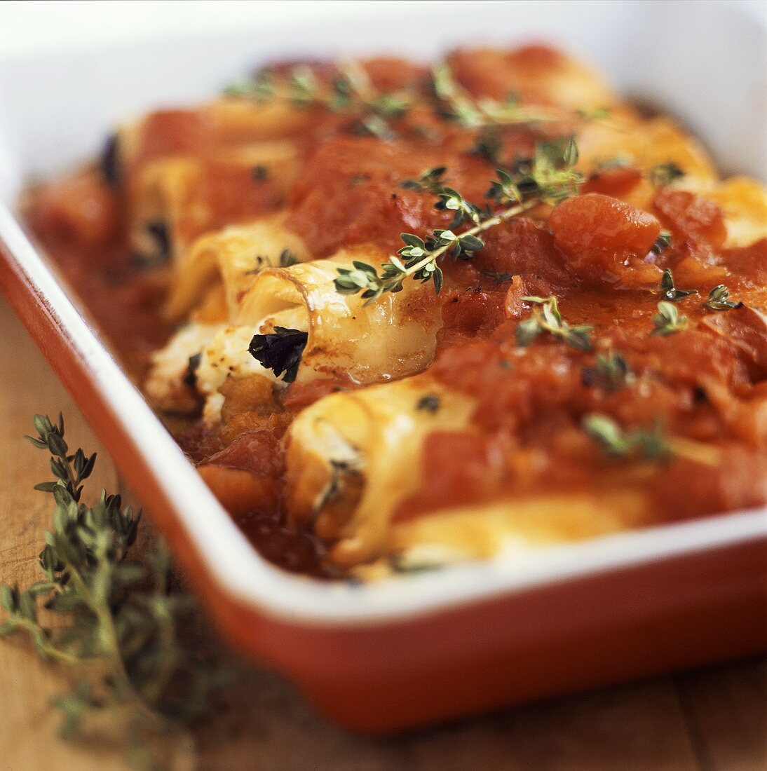Canneloni with tomato sauce and thyme
