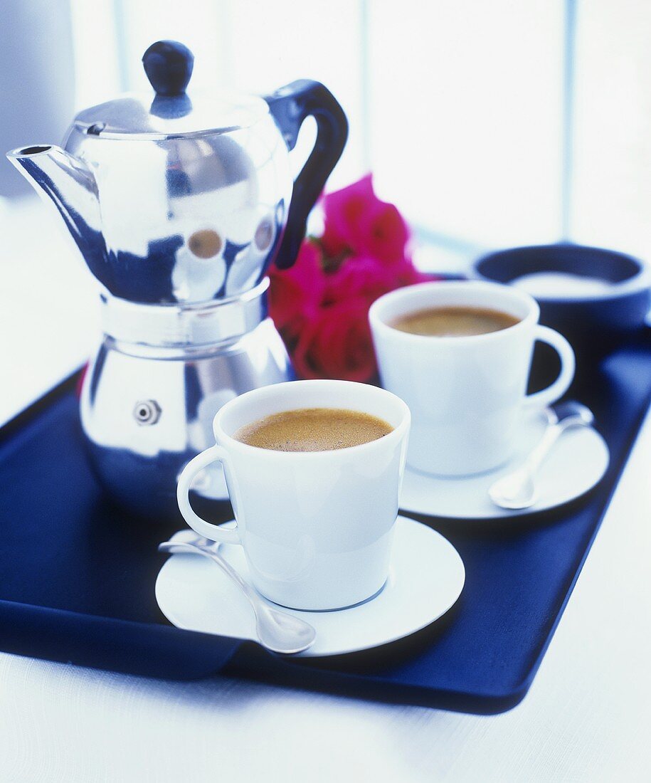 Two cups of espresso and espresso pot on tray