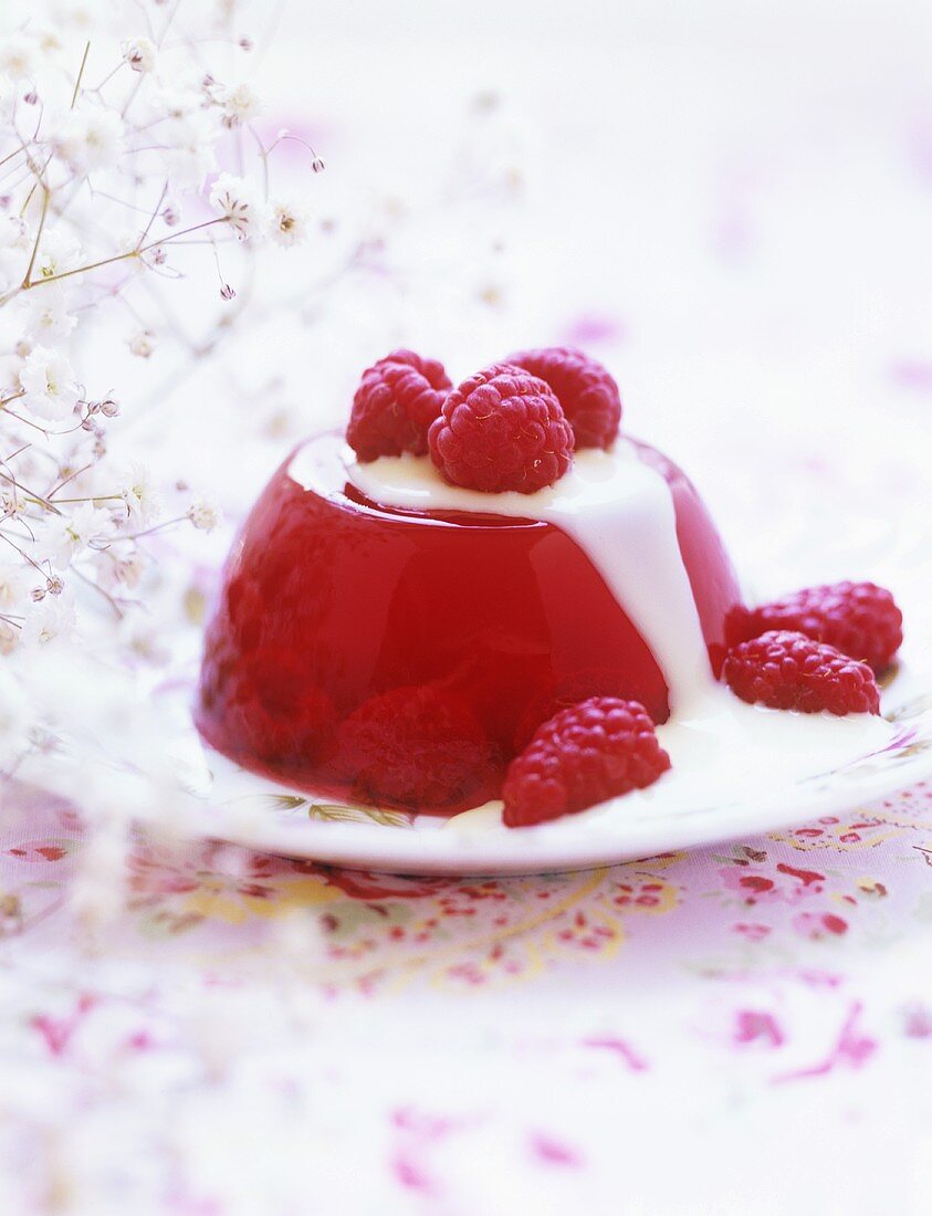 Raspberry jelly with custard and fresh raspberries