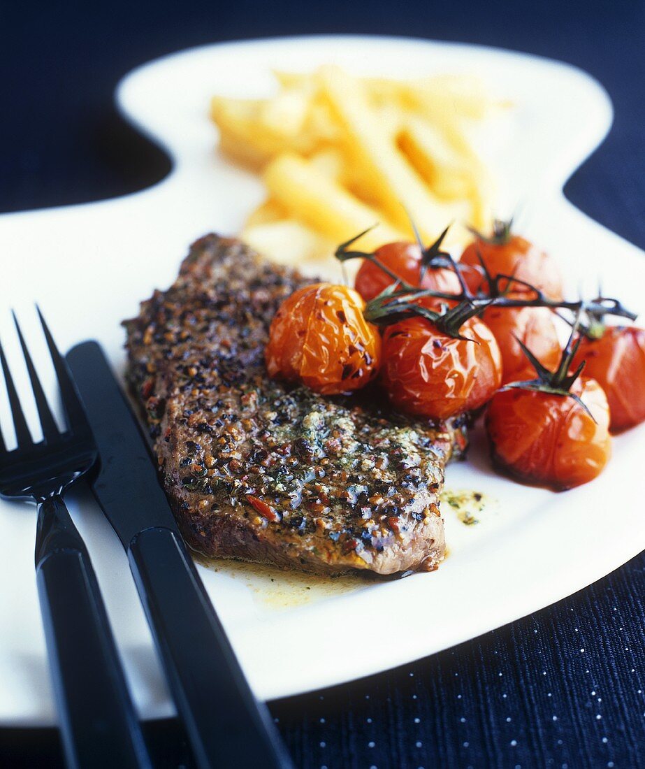 Peppered steak with cocktail tomatoes