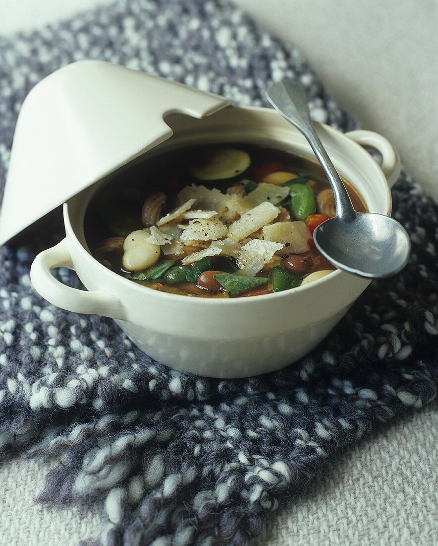 Gemüsesuppe mit Nudeln und Parmesan in Suppenschüssel