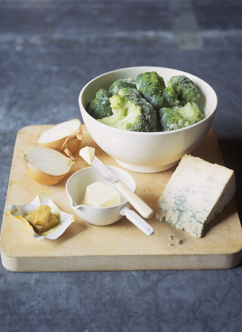 Frozen broccoli florets, Stilton cheese, butter and onion
