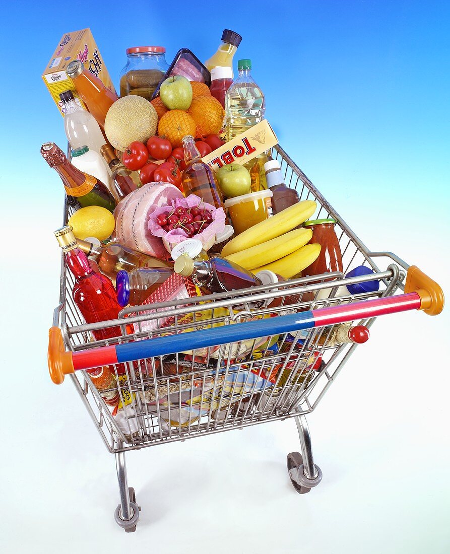 Shopping trolley full of food and drink