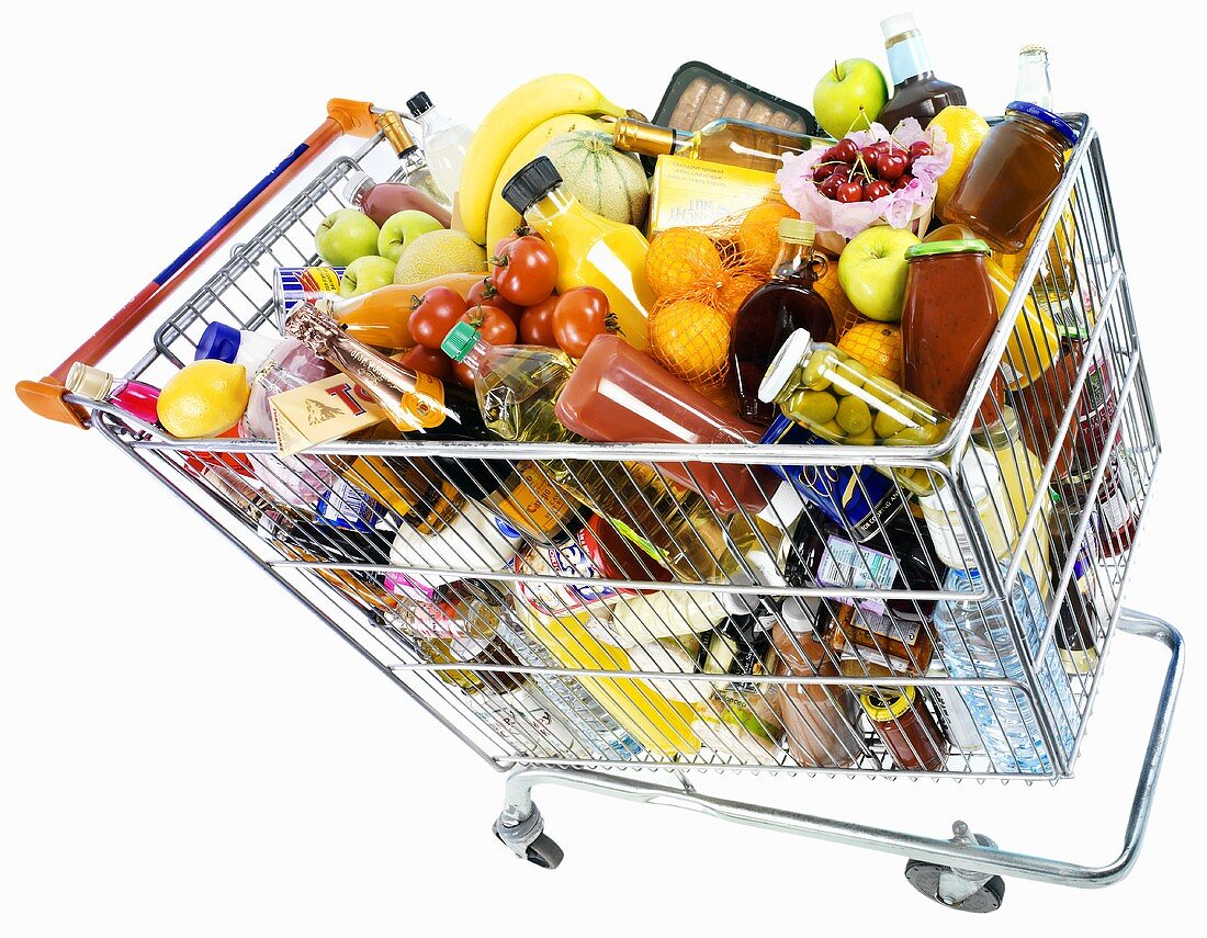 Shopping trolley full of food and drink