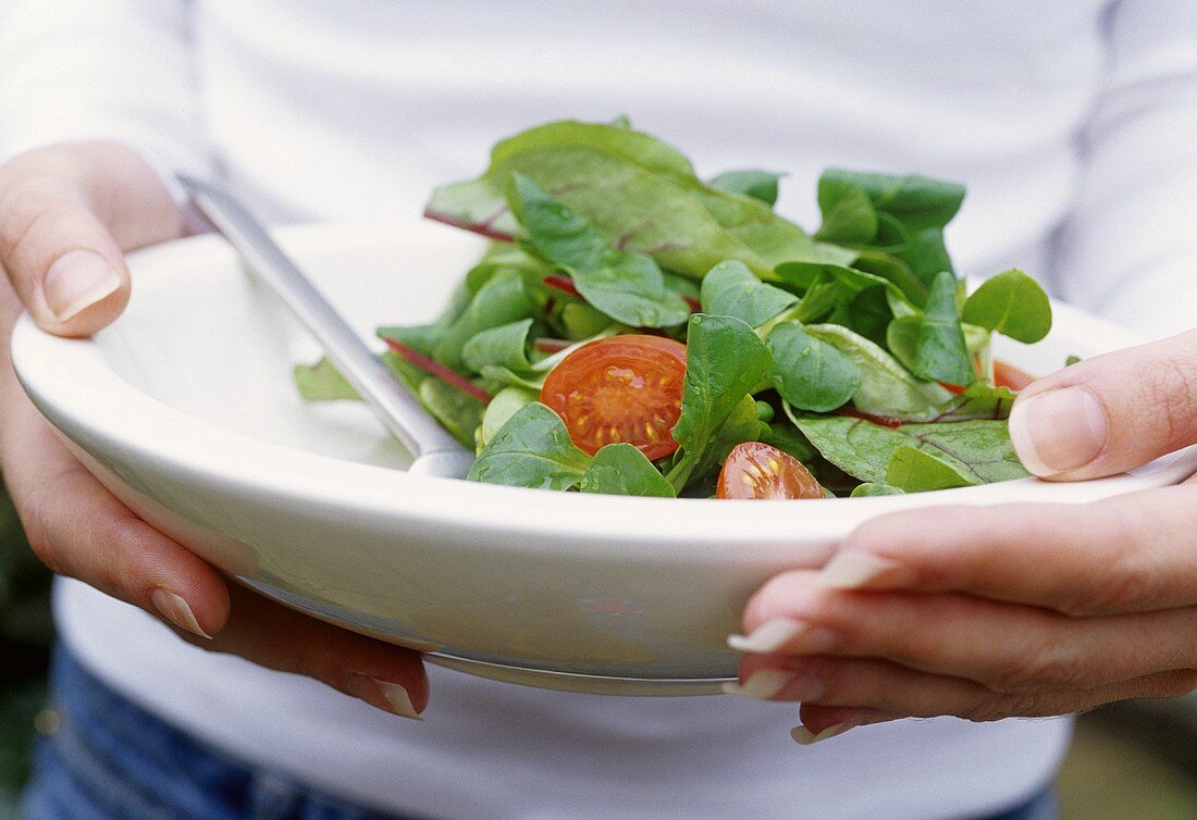 Hände halten Teller mit grünem Salat