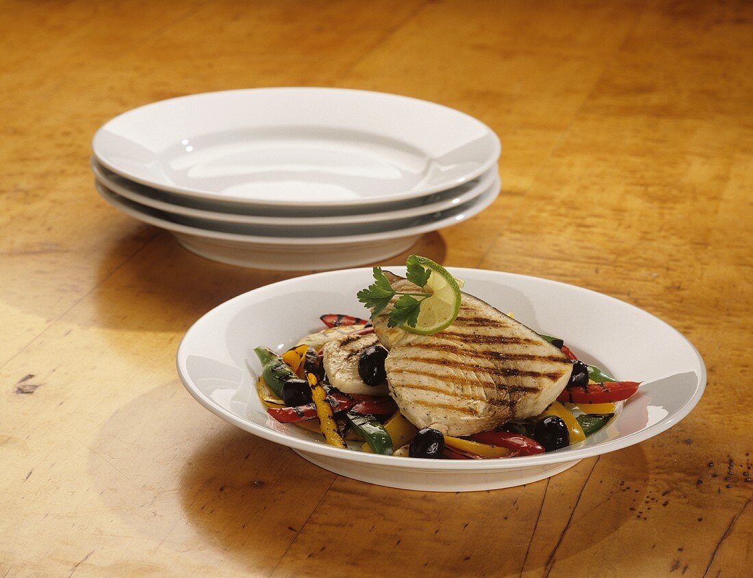 Grilled swordfish on grilled vegetables