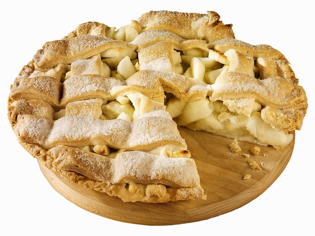 Lattice-topped apple pie, a piece taken