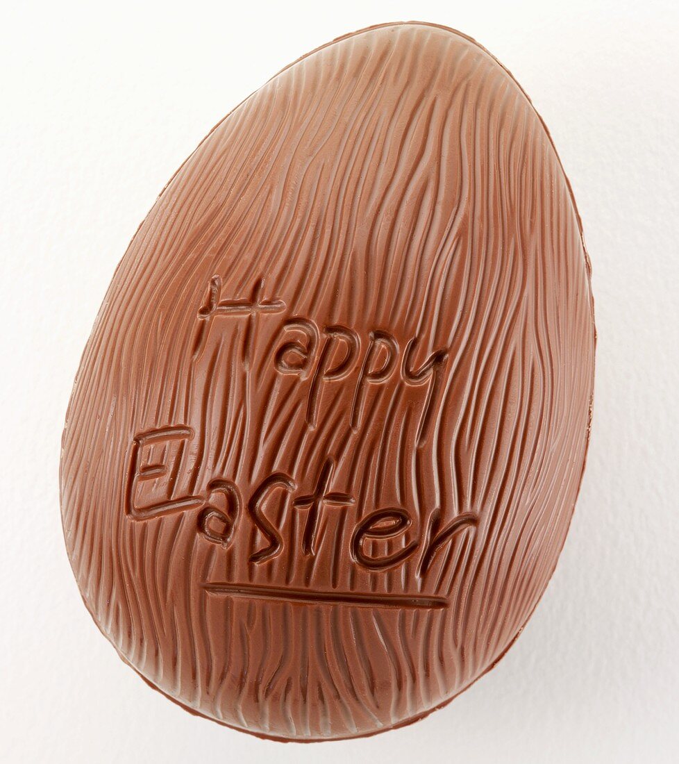 Chocolate egg with the words 'Happy Easter'