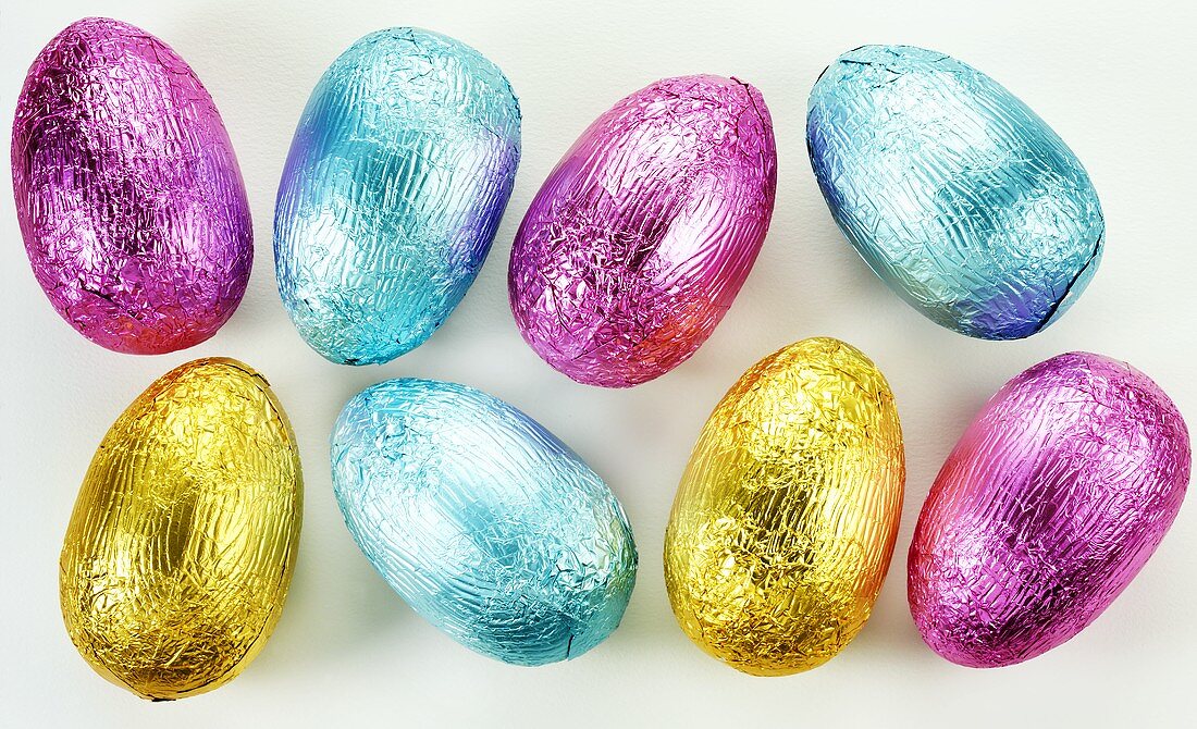 Eight chocolate Easter eggs in coloured foil