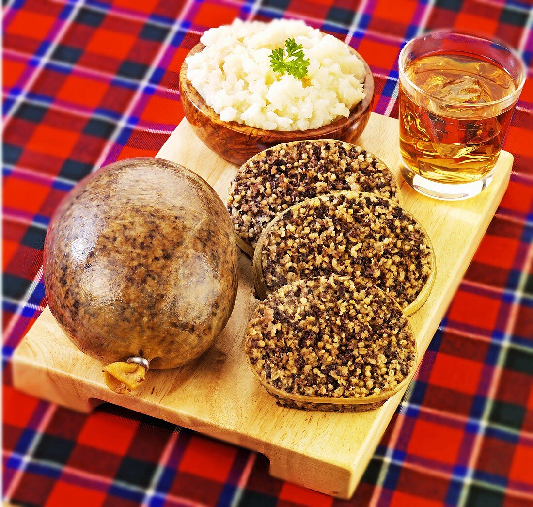 Haggis, mashed turnips and a glass of whisky (Scotland)