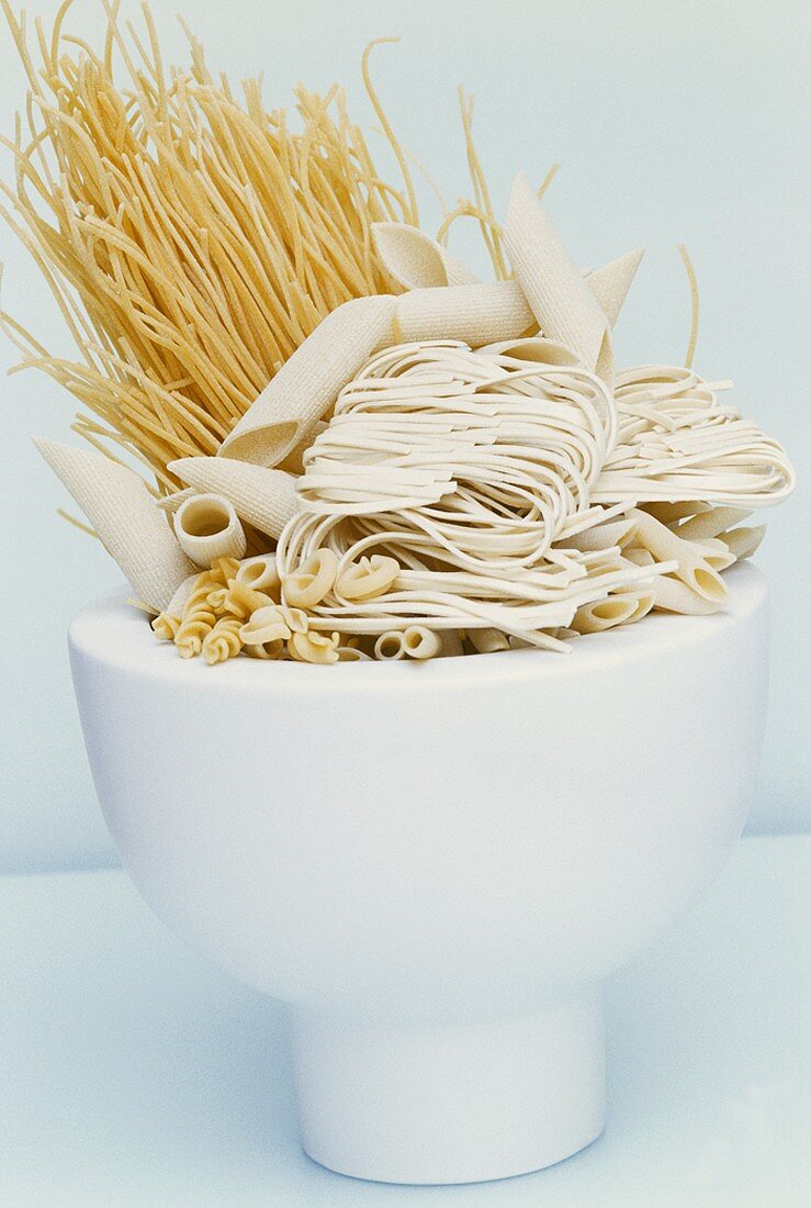 Various types of pasta in a small bowl
