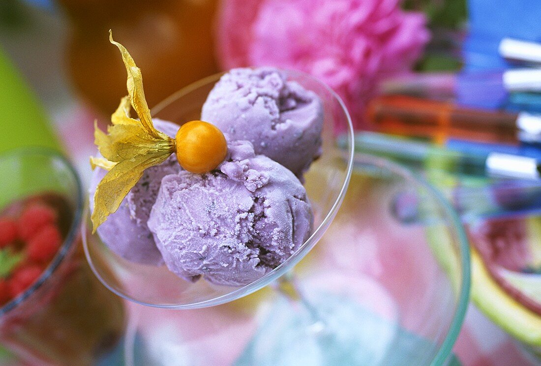 Three scoops of blueberry ice cream