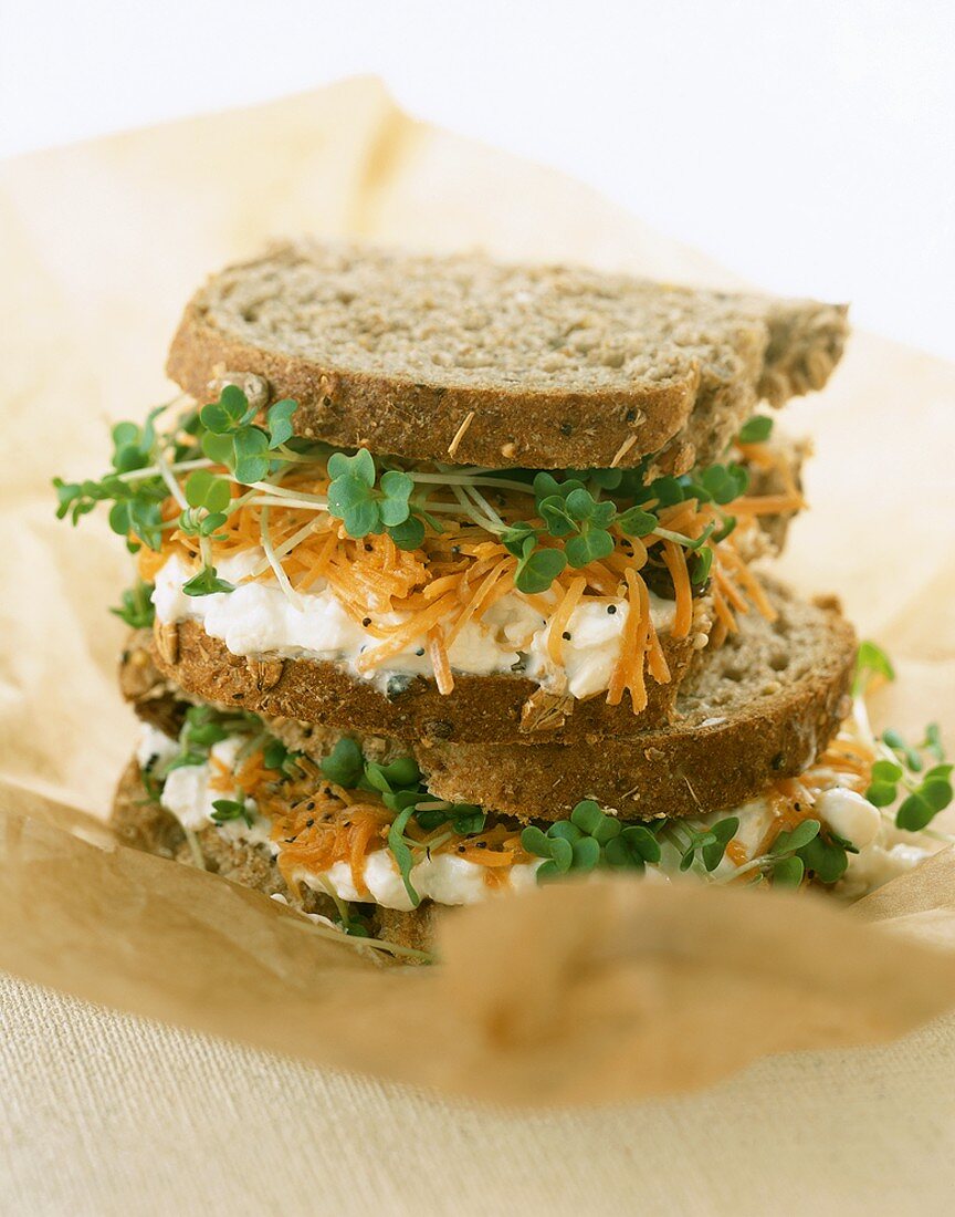 Cottage cheese, grated carrot & cress in wholemeal sandwich