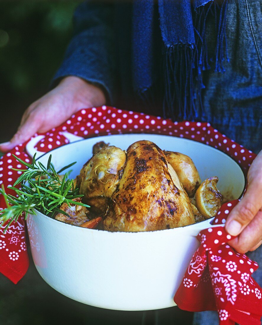 Chicken with rosemary, vegetables and lemon in a cocotte