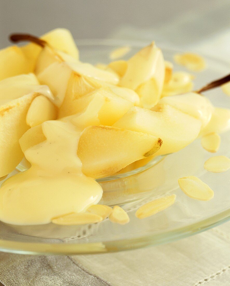 Warm pears (cooked in microwave) with low-fat custard