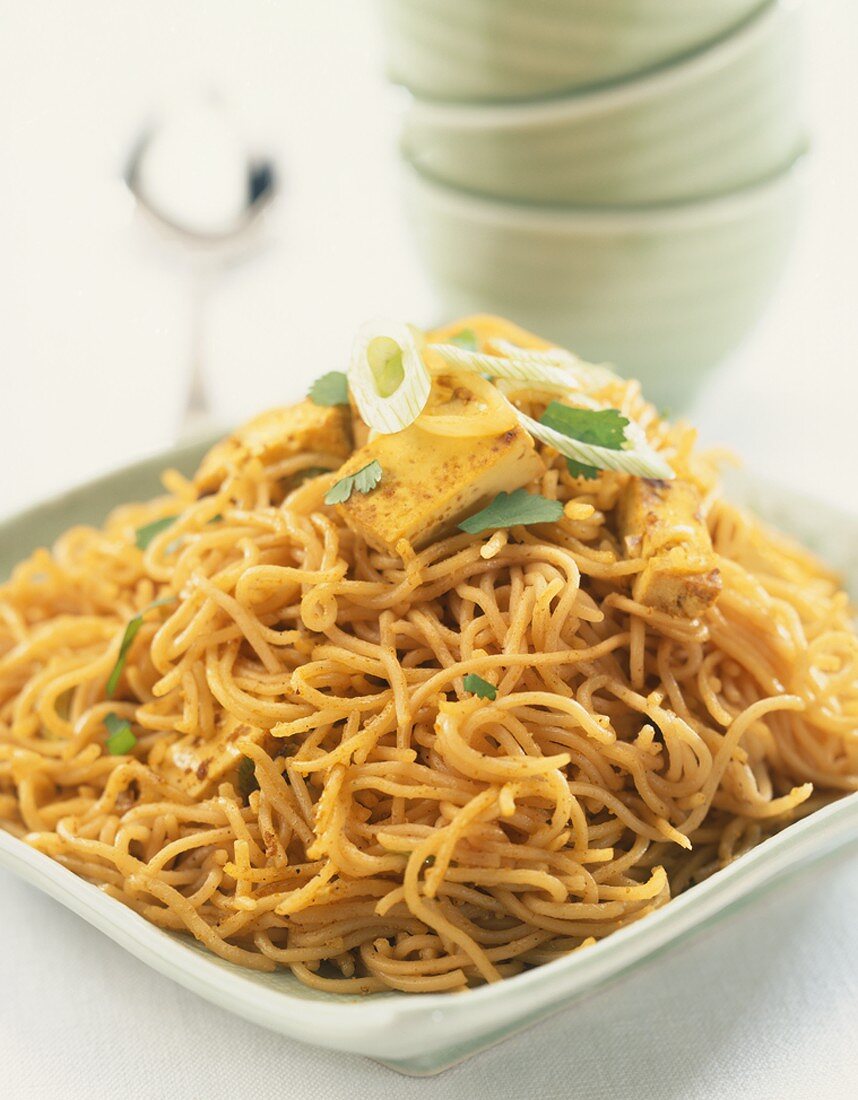 Singapore noodles with tofu (Asian noodle stir-fry with tofu)